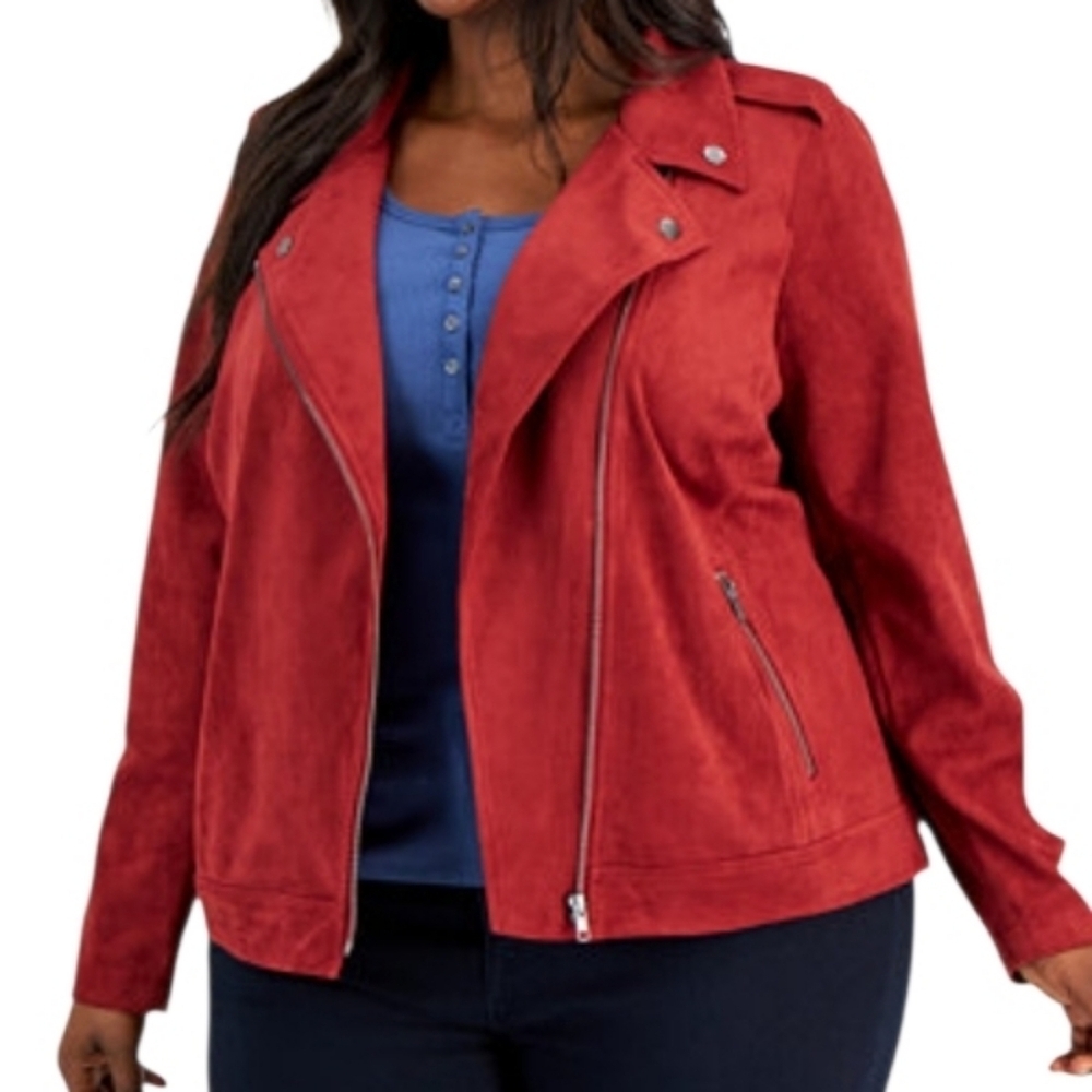 macy's Style & Co. burgundy red faux suede motorcycle jacket coat 2x plus size